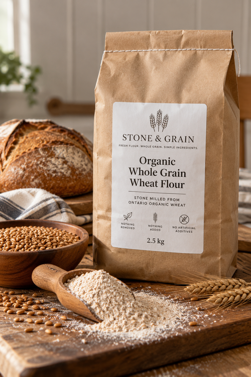 Stone & Grain whole-grain flour in kraft bag